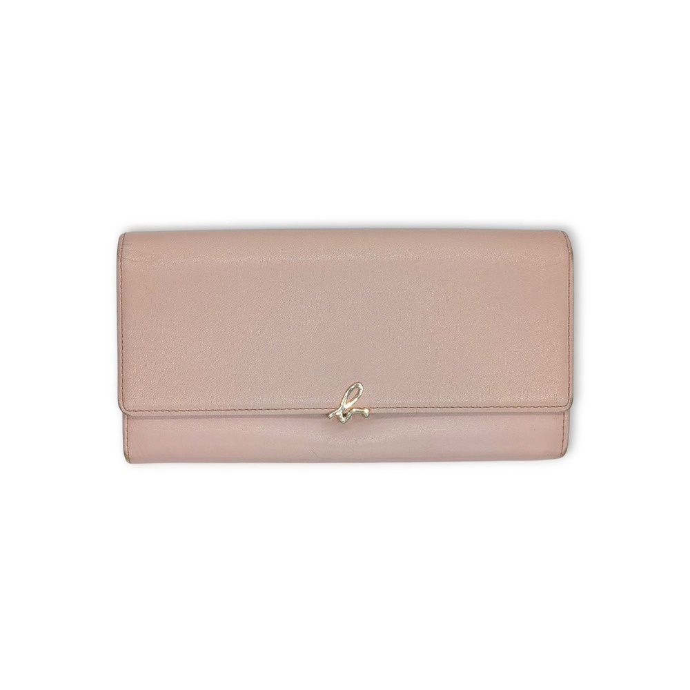 Agnes b Long Wallet Light Pink Leather Gold Logo Flap Continental Snap Clutch
